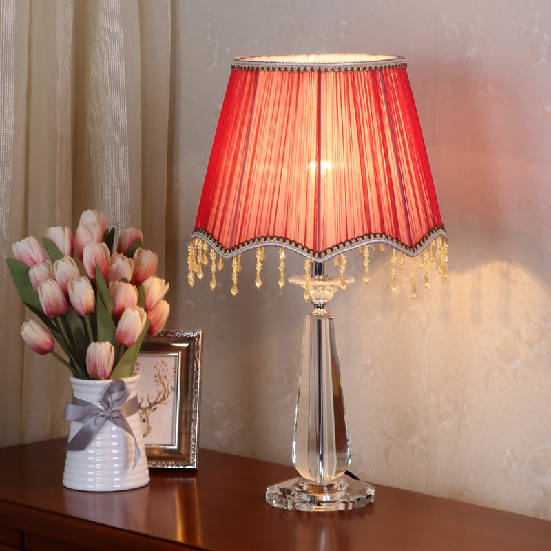 Traditional Fabric Scalloped Shade Nightstand Lamp - Red/Blue/Green/Beige 1 Head Crystal Table Light