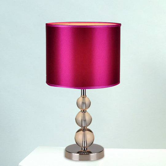 Purple Fabric Nightstand Lamp With Clear Crystal Orbs - Traditional Cylinder Shaded Table Light