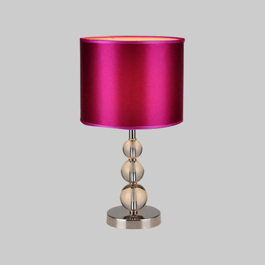 Purple Fabric Nightstand Lamp With Clear Crystal Orbs - Traditional Cylinder Shaded Table Light