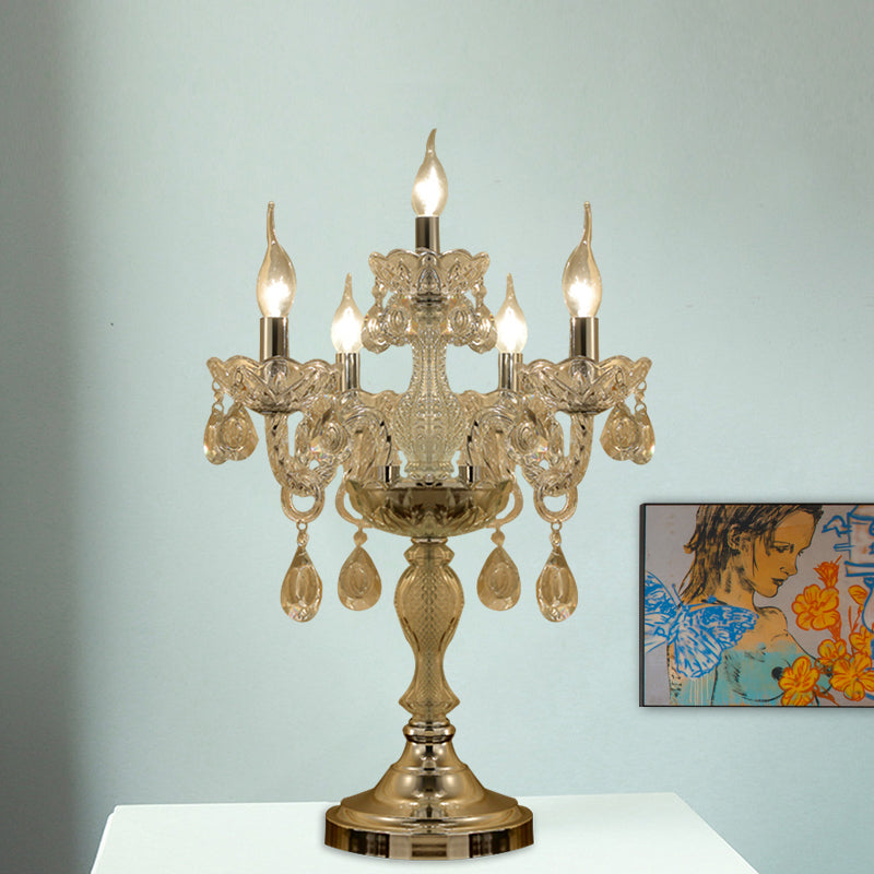 Rita - Elegant Candelabra Bedroom Table Light Traditional Clear Crystal 5/6/7 Heads Chrome Night Stand Lamp