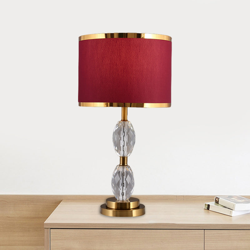 Crystal Table Lamp With Fabric Drum Shade - Elegant Nightstand Light For Traditional Drawing Room