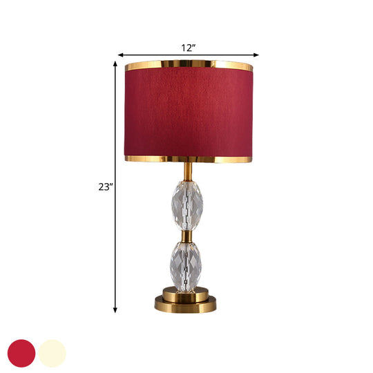 Crystal Table Lamp With Fabric Drum Shade - Elegant Nightstand Light For Traditional Drawing Room