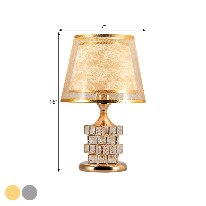 Traditional Gold/Silver Floral Inner Shade Table Lamp With Crystal Blocks: Bedside Nightstand Light