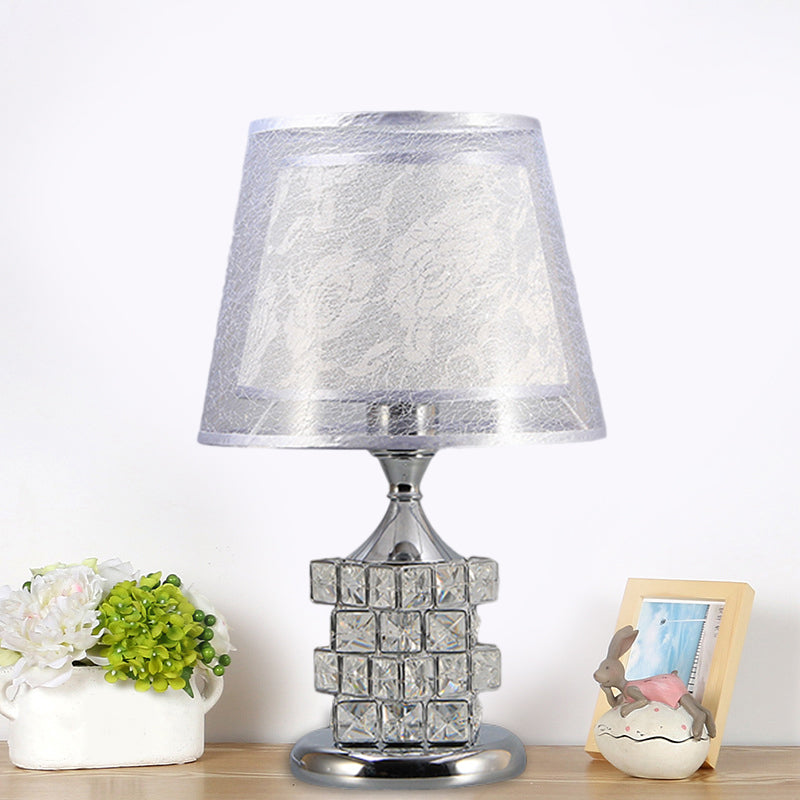 Traditional Gold/Silver Floral Inner Shade Table Lamp With Crystal Blocks: Bedside Nightstand Light