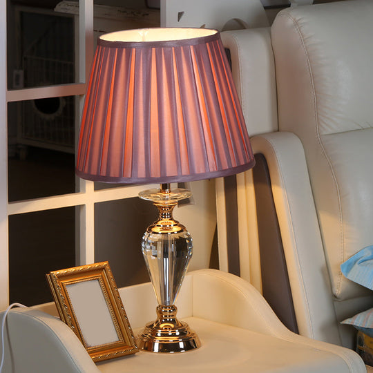 Crystal Table Lamp With Pleated Barrel Shade - Traditional Nightstand Light Pink