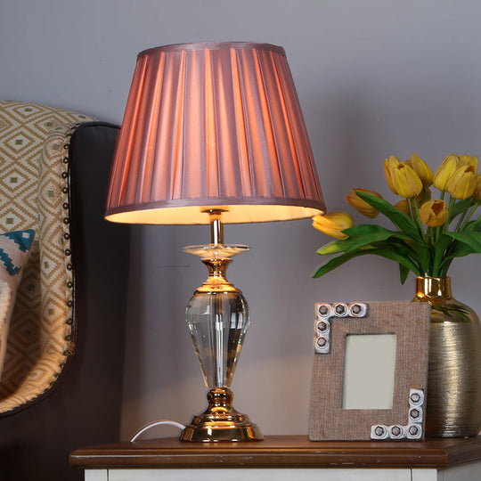 Crystal Table Lamp With Pleated Barrel Shade - Traditional Nightstand Light