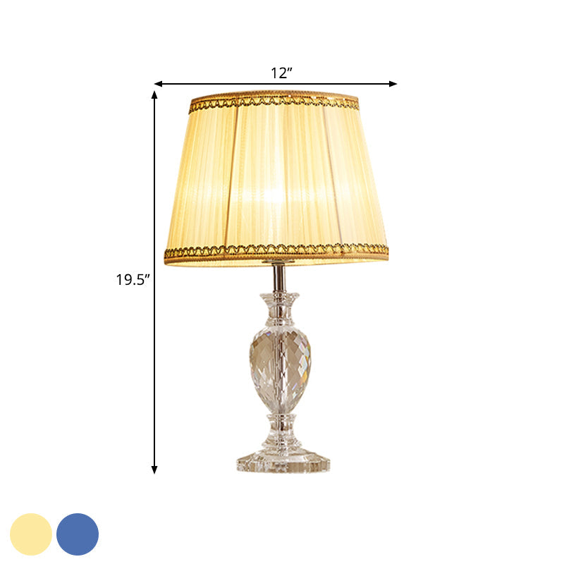 Traditional Pleated Crystal Nightstand Lamp With Fabric Shade - Yellow/Blue Parlor Table Light