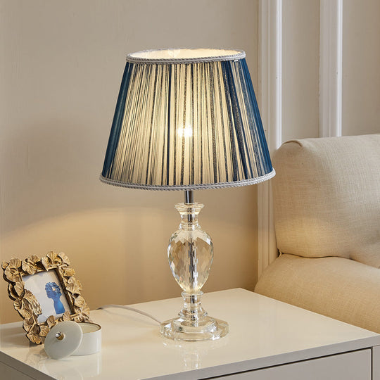 Traditional Pleated Crystal Nightstand Lamp With Fabric Shade - Yellow/Blue Parlor Table Light