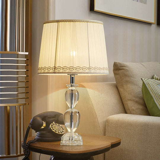 Beige Barrel Table Light: Traditional Pleated Fabric Lamp With Crystal And 1-Bulb For Drawing Room