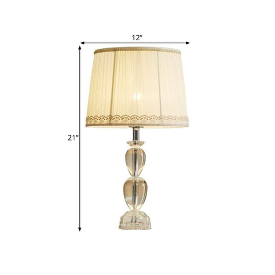 Beige Barrel Table Light: Traditional Pleated Fabric Lamp With Crystal And 1-Bulb For Drawing Room