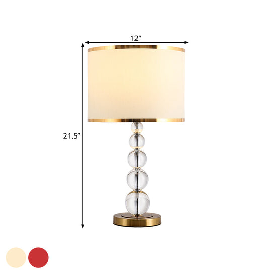 Traditional Burgundy/Beige Fabric Table Lamp With Crystal Post Drum Shade Nightstand Light