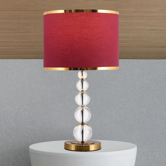 Traditional Burgundy/Beige Fabric Table Lamp With Crystal Post Drum Shade Nightstand Light Burgundy