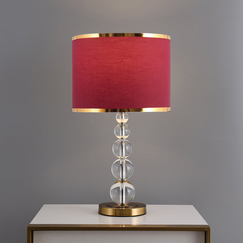 Traditional Burgundy/Beige Fabric Table Lamp With Crystal Post Drum Shade Nightstand Light