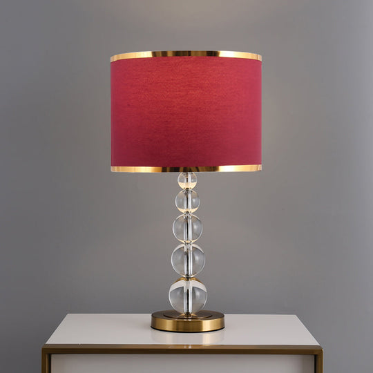 Traditional Burgundy/Beige Fabric Table Lamp With Crystal Post Drum Shade Nightstand Light