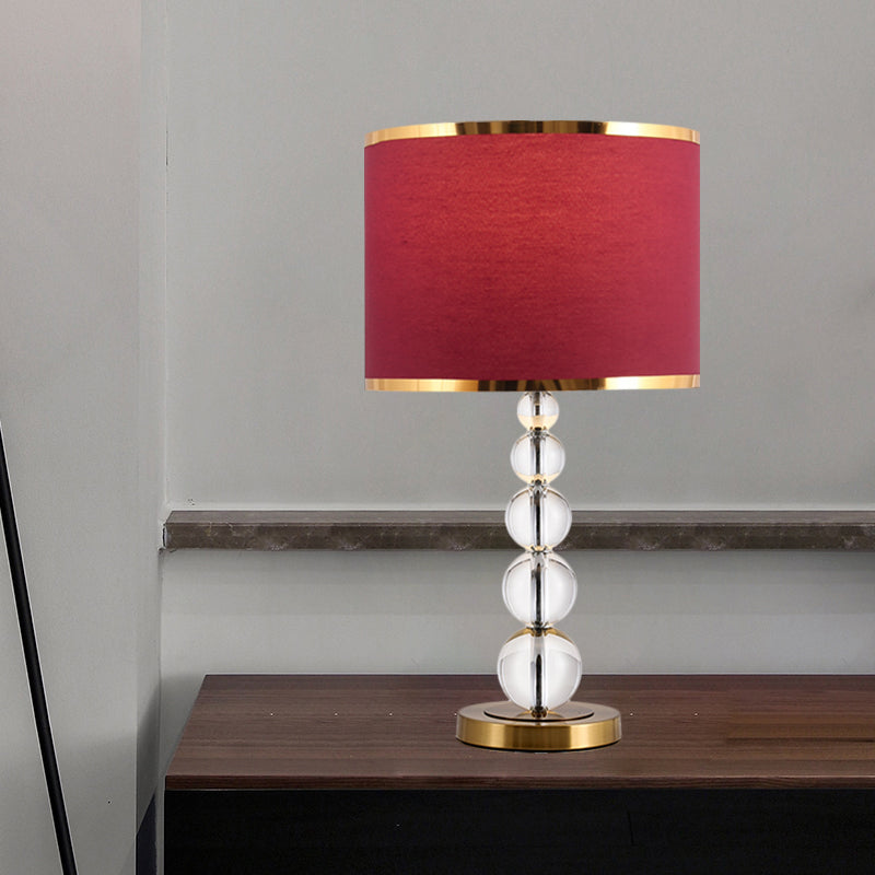 Traditional Burgundy/Beige Fabric Table Lamp With Crystal Post Drum Shade Nightstand Light