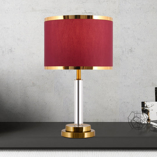 Burgundy/Beige Crystal Table Lamp With Traditional Fabric Shade - Elegant Circular Design