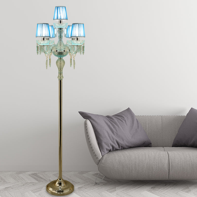 5/6/7-Bulb Traditional Crystal Candelabra Floor Lamp In Blue With Pleated Shade