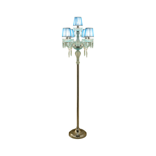 5/6/7-Bulb Traditional Crystal Candelabra Floor Lamp In Blue With Pleated Shade