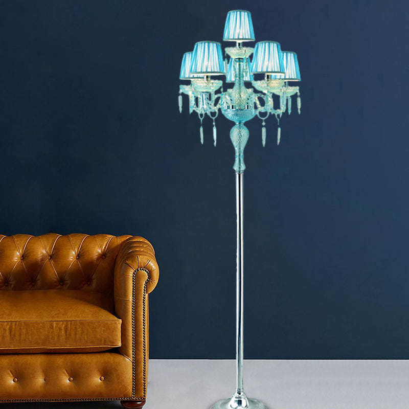 5/6/7-Bulb Traditional Crystal Candelabra Floor Lamp In Blue With Pleated Shade