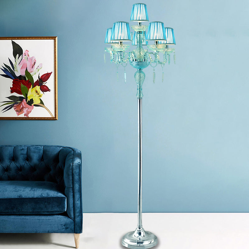 5/6/7-Bulb Traditional Crystal Candelabra Floor Lamp In Blue With Pleated Shade