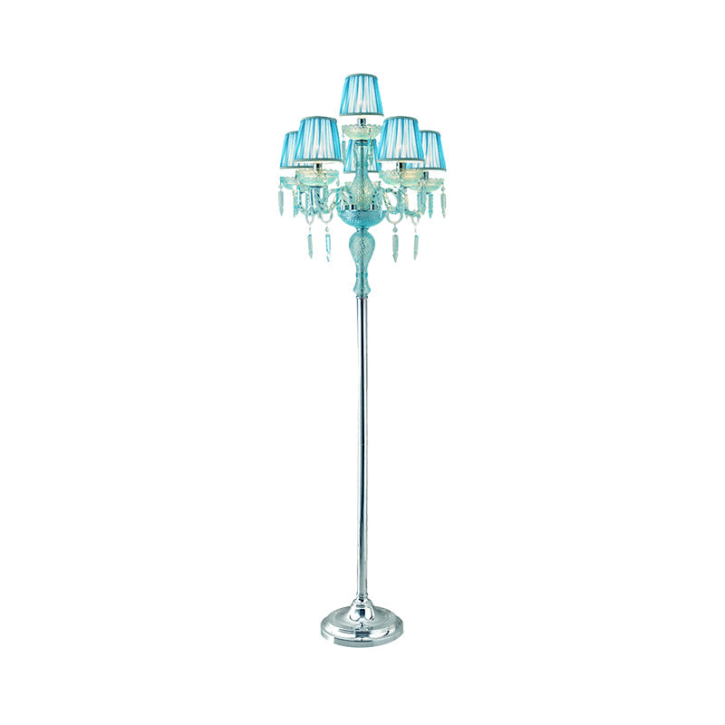 5/6/7-Bulb Traditional Crystal Candelabra Floor Lamp In Blue With Pleated Shade