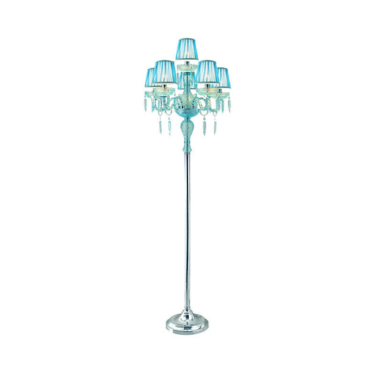 5/6/7-Bulb Traditional Crystal Candelabra Floor Lamp In Blue With Pleated Shade