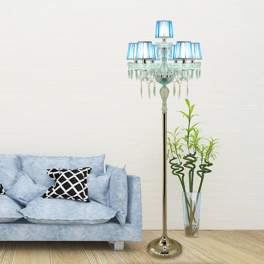 5/6/7-Bulb Traditional Crystal Candelabra Floor Lamp In Blue With Pleated Shade