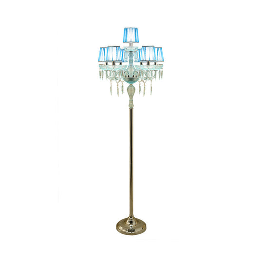 5/6/7-Bulb Traditional Crystal Candelabra Floor Lamp In Blue With Pleated Shade