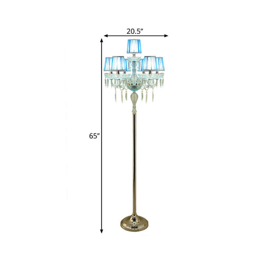 5/6/7-Bulb Traditional Crystal Candelabra Floor Lamp In Blue With Pleated Shade