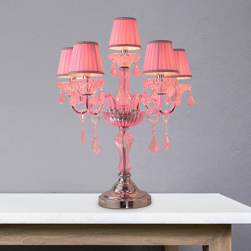 Traditional Crystal Spears Nightstand Lamp - Pink Candle Table Light With Pleated Fabric Shade And