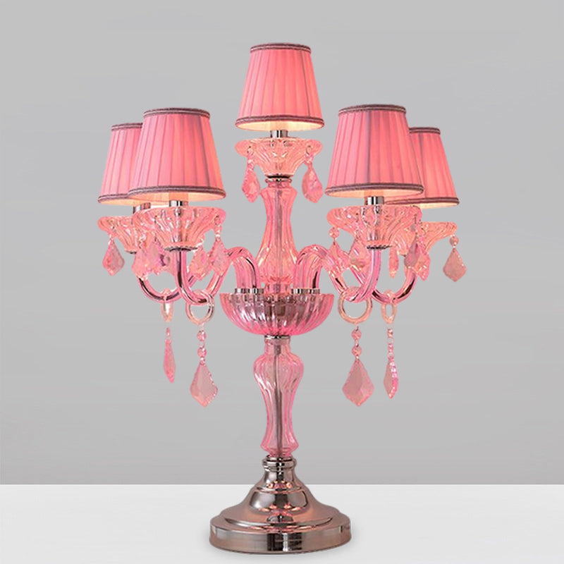 Traditional Crystal Spears Nightstand Lamp - Pink Candle Table Light With Pleated Fabric Shade And