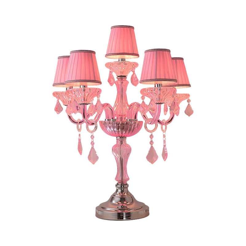 Traditional Crystal Spears Nightstand Lamp - Pink Candle Table Light With Pleated Fabric Shade And