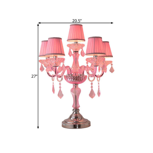 Traditional Crystal Spears Nightstand Lamp - Pink Candle Table Light With Pleated Fabric Shade And