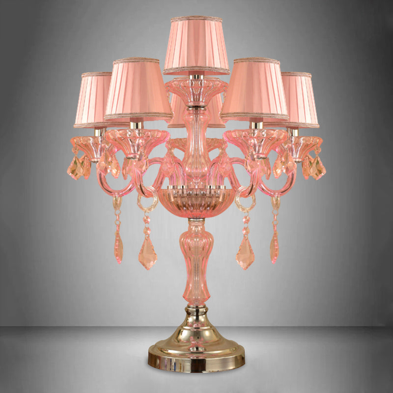 Traditional Crystal Spears Nightstand Lamp - Pink Candle Table Light With Pleated Fabric Shade And