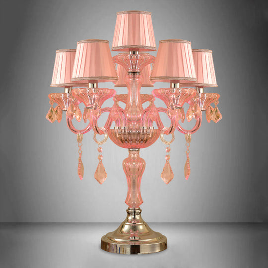 Traditional Crystal Spears Nightstand Lamp - Pink Candle Table Light With Pleated Fabric Shade And