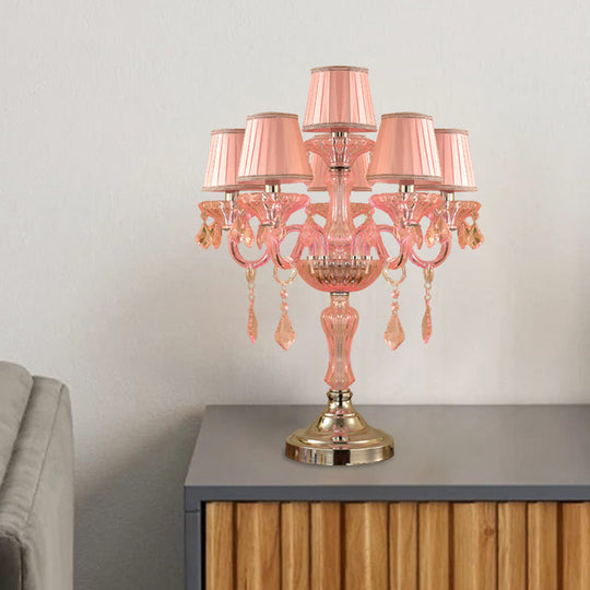 Traditional Crystal Spears Nightstand Lamp - Pink Candle Table Light With Pleated Fabric Shade And