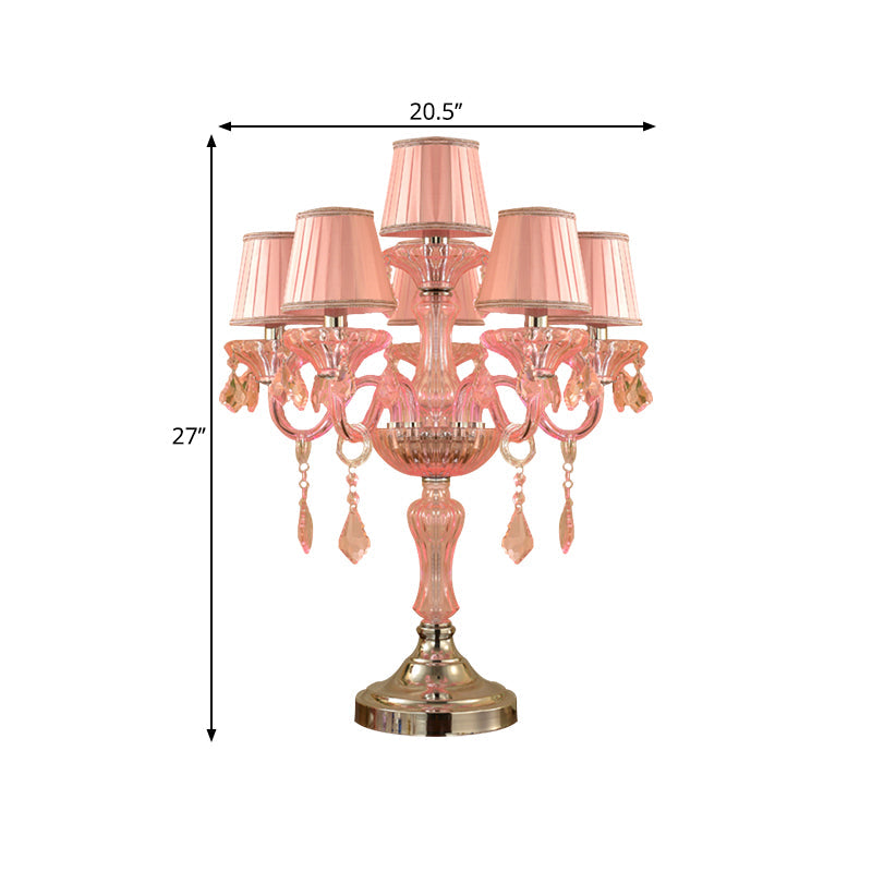 Traditional Crystal Spears Nightstand Lamp - Pink Candle Table Light With Pleated Fabric Shade And