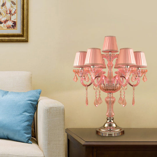 Traditional Crystal Spears Nightstand Lamp - Pink Candle Table Light With Pleated Fabric Shade And