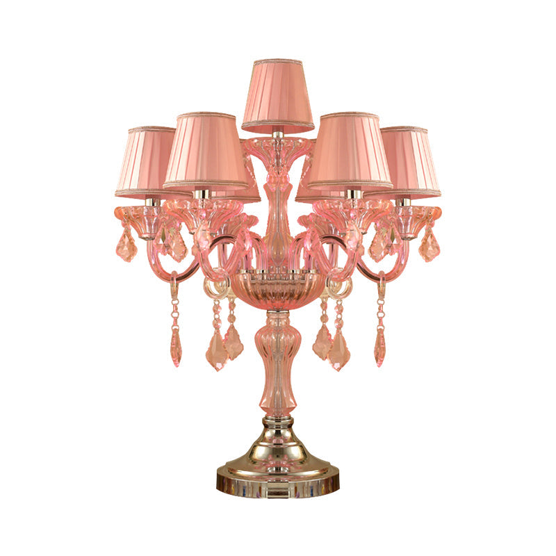 Traditional Crystal Spears Nightstand Lamp - Pink Candle Table Light With Pleated Fabric Shade And