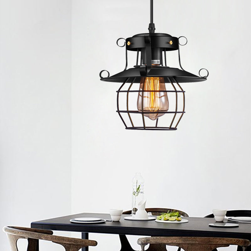 Farmhouse Black Wire Cage Pendant Light Kit For Dining Room With Metal Shade