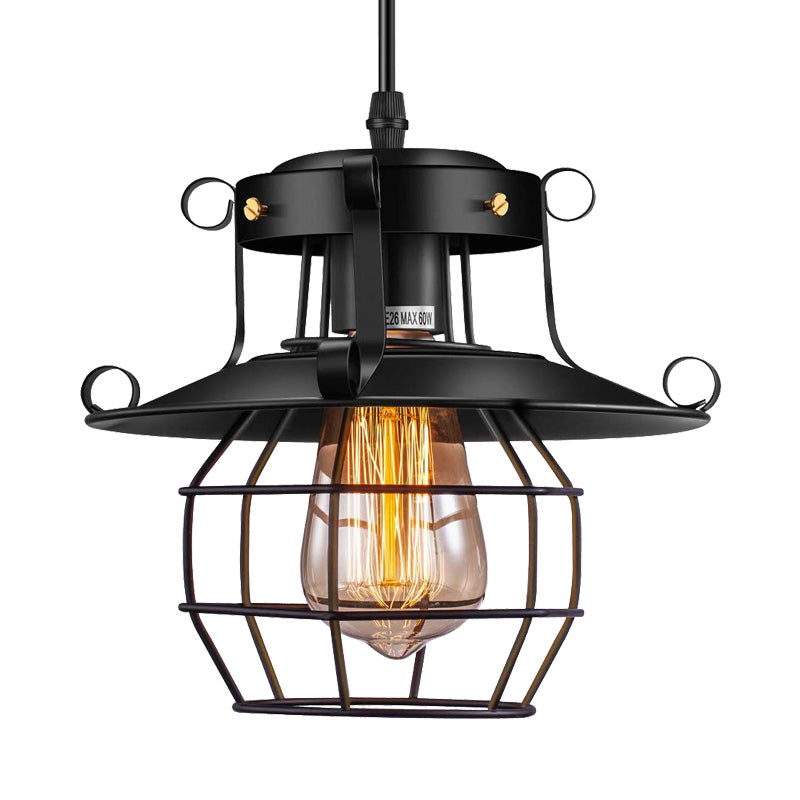 Farmhouse Metal Pendant Light - Wire Cage Dining Room Hanging Kit, 1-Light, Black Finish