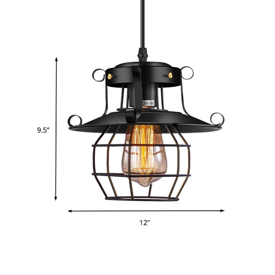 Farmhouse Metal Pendant Light - Wire Cage Dining Room Hanging Kit, 1-Light, Black Finish