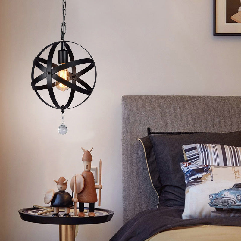 One Light Strap Globe Pendant Industrial Black Metal Ceiling Light with/without Crystal Ball