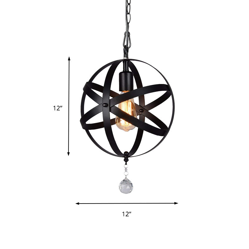 One Light Strap Globe Pendant Industrial Black Metal Ceiling Light with/without Crystal Ball