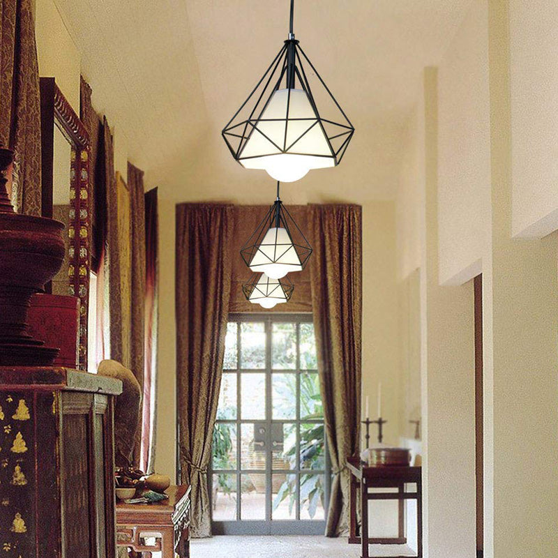 Black Diamond Cage Pendant Ceiling Light - Farmhouse Style Hanging Lamp with Fabric Shade