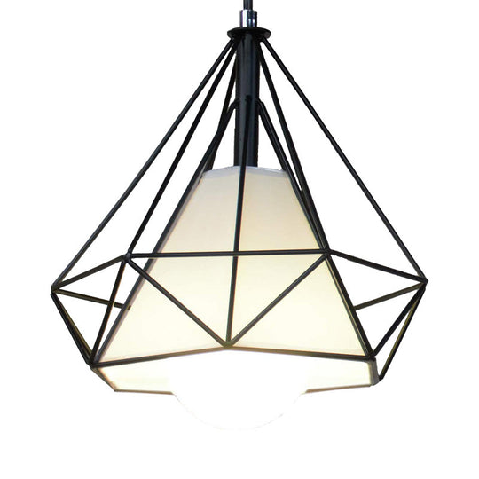 Black Diamond Cage Pendant Ceiling Light - Farmhouse Style Hanging Lamp with Fabric Shade