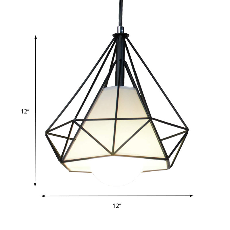 Black Diamond Cage Pendant Ceiling Light - Farmhouse Style Hanging Lamp with Fabric Shade