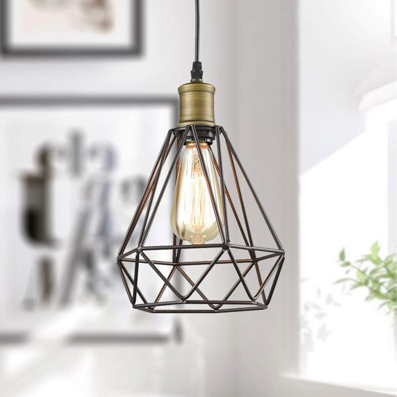 Vintage Bronze Metal Pendant Light With Diamond Caged Shade - Ceiling Hanging Fixture 1 Bulb