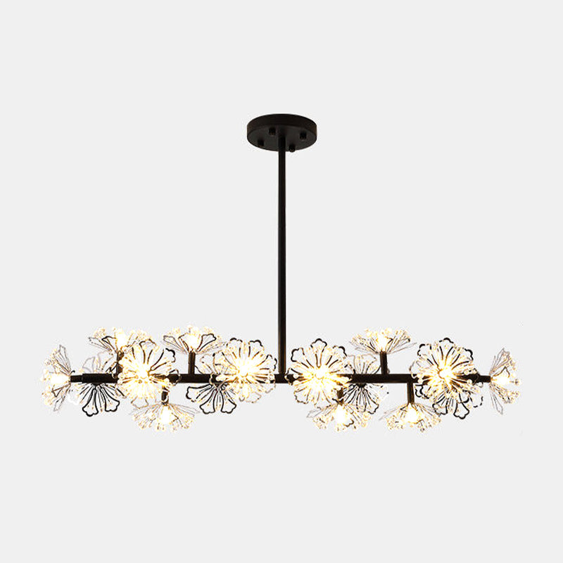 Modern Black/Gold Floral Island Pendant With 16-Head Crystal Design - Hanging Ceiling Light Fixture