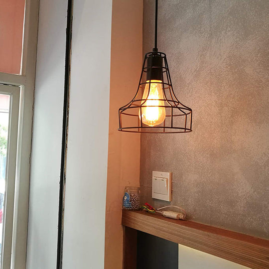 Industrial Metal Hanging Ceiling Light With Bell Cage Shade - 1 Pendant For Dining Room Direct